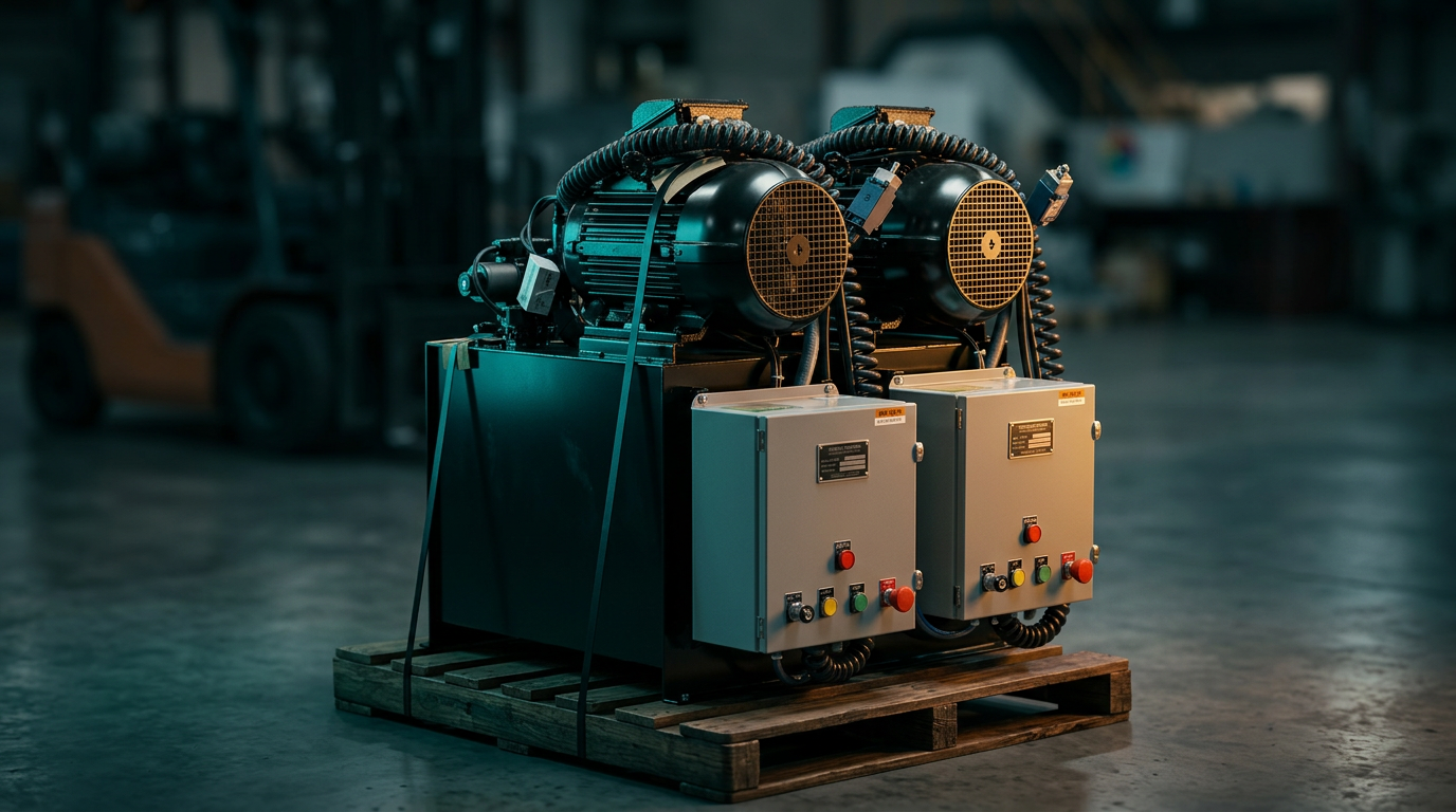 A custom-built Hydrolec hydraulic power unit with dual motors, control panels, and coiled cabling on a shop pallet.